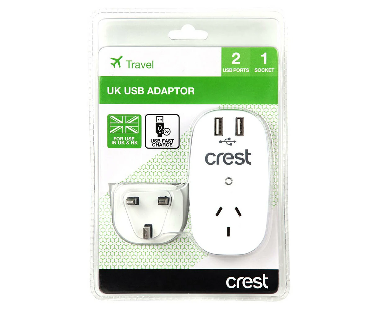 Crest Travel Electrical UK/HK/MY/SG 2 USB Fast Charge Port Adapter/AU Socket