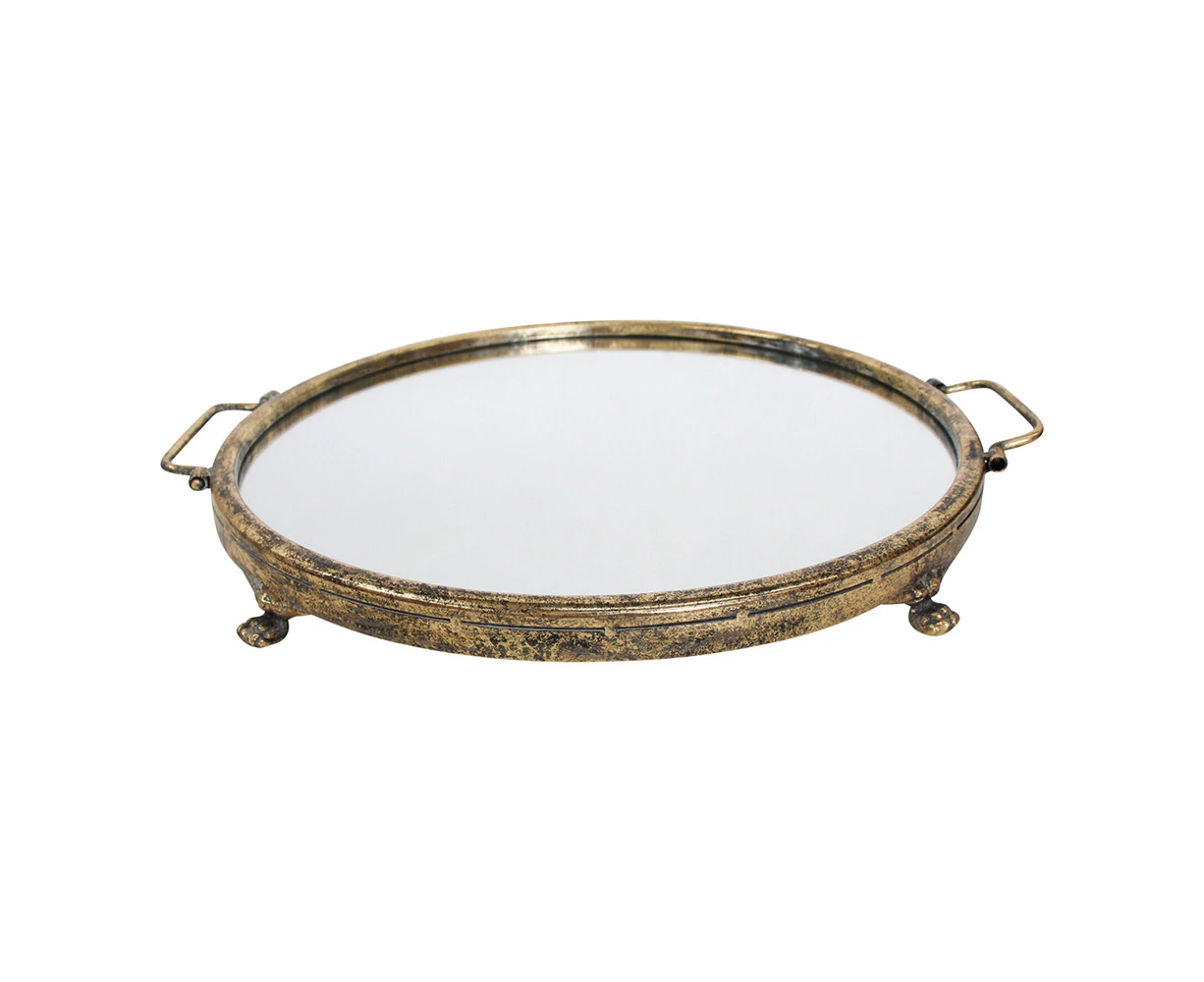 Decorative Round 46cm Metal Mirror Tray Organiser w/ Handles Home Decor Gold