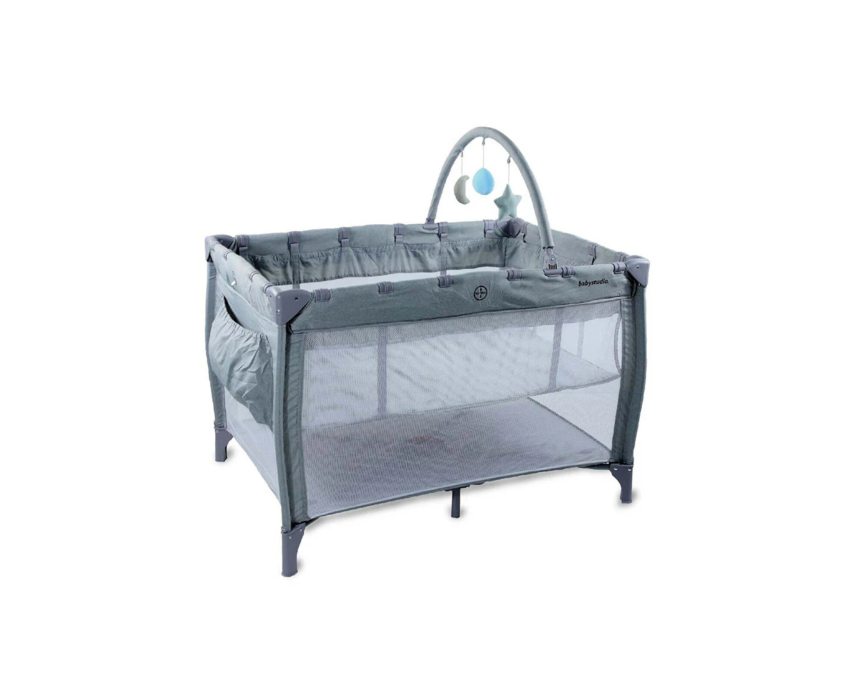 Babystudio 3-in-1 Portacot Play Yard/Travel Cot Crib w/ Toy Bar/Mattress Grey