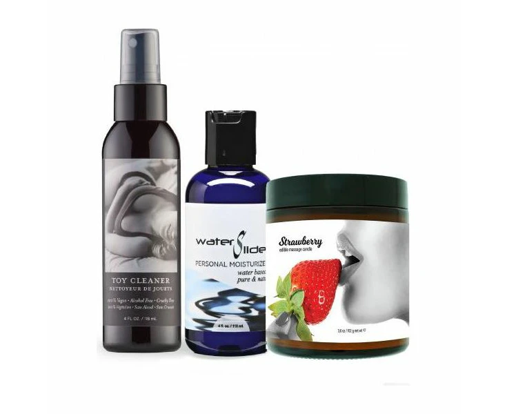 Earthly Body Play & Pleasure Gift Set Strawberry Flavored Edible Candle, Waterslide Cbd Moisturizer, And Toy Cleaner