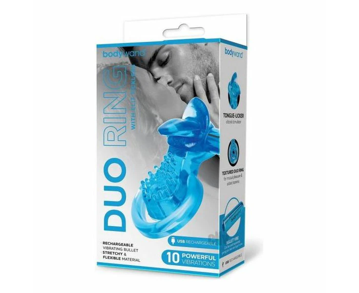 Bodywand Recharge Duo Vibrating Ring: Model W/tickler Blu Couples Stimulator For Mutual Pleasure Blue