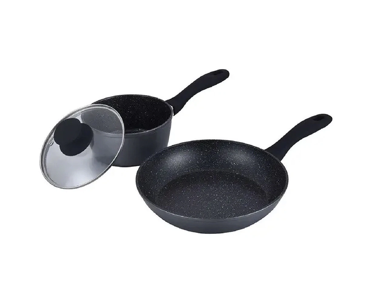 2pc StoneDine Plus 24cm Round Frypan/16cm Sauce Pan Non-Stick Cookware Set Black