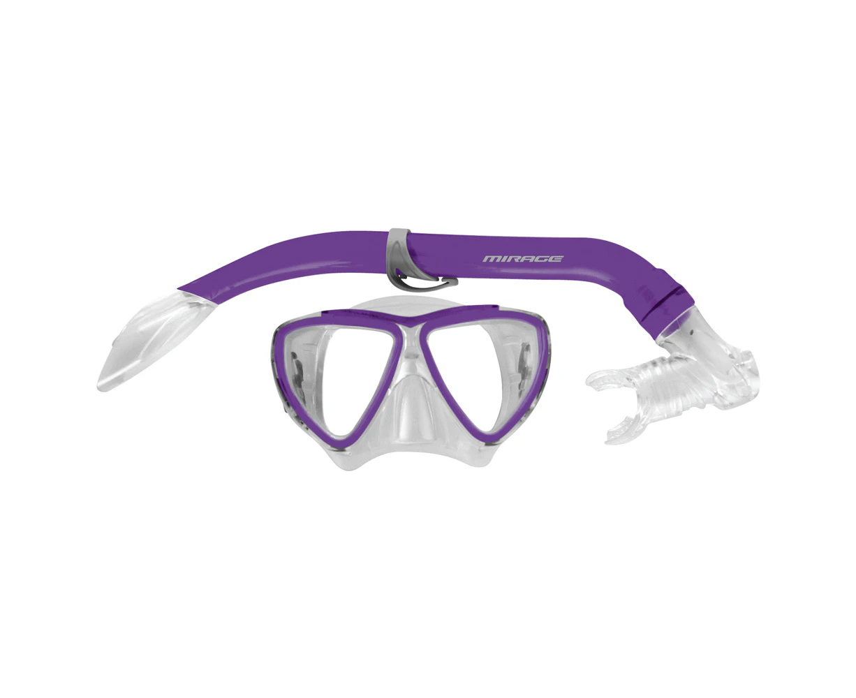 2pc Mirage Turtle Kids Junior Swimming/Beach Silitex Mask/Glass Snorkel Purple