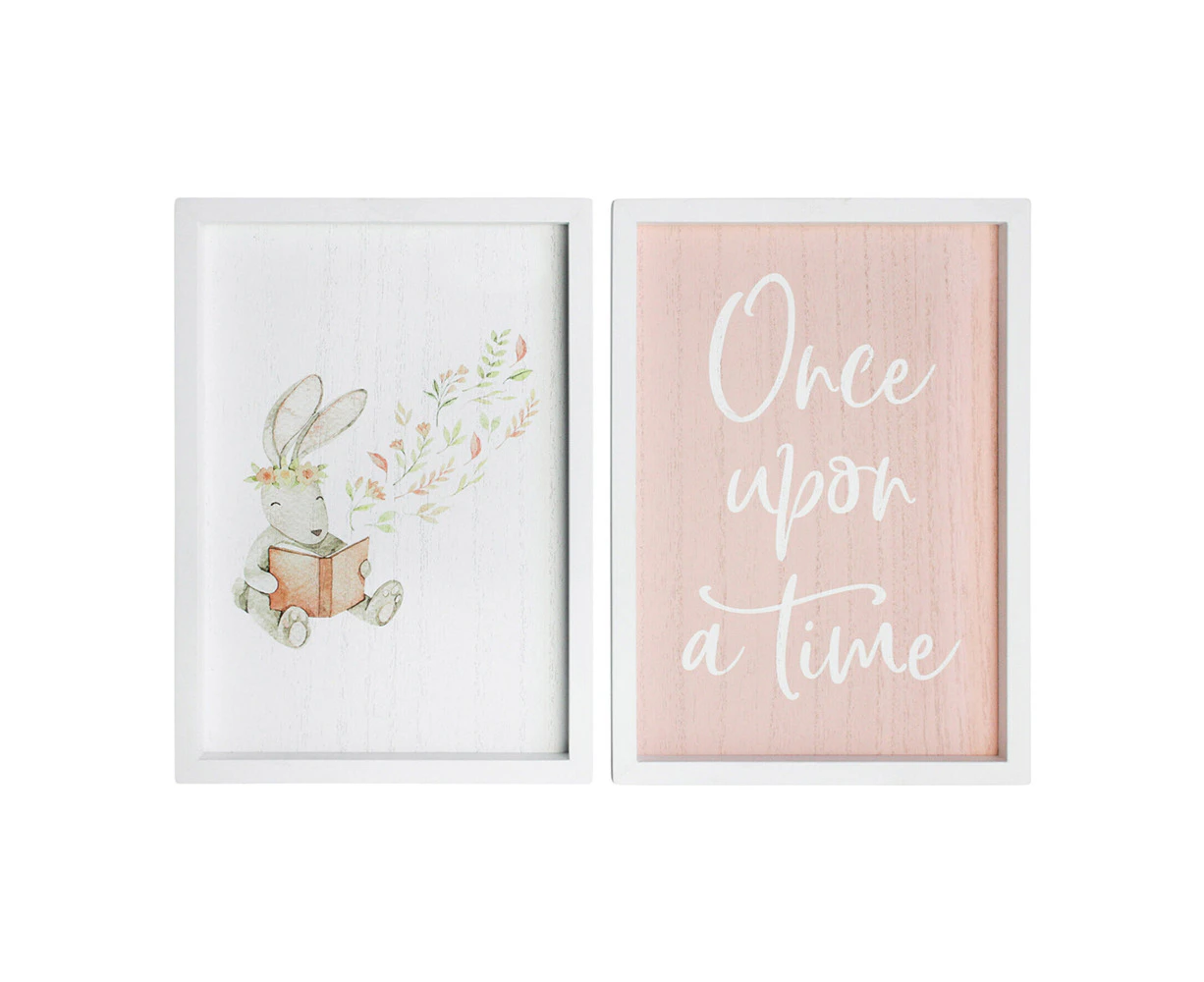 2pc MDF 28cm Once Upon A Time Sign Kids Bedroom Decor Plaque Set Pink/White