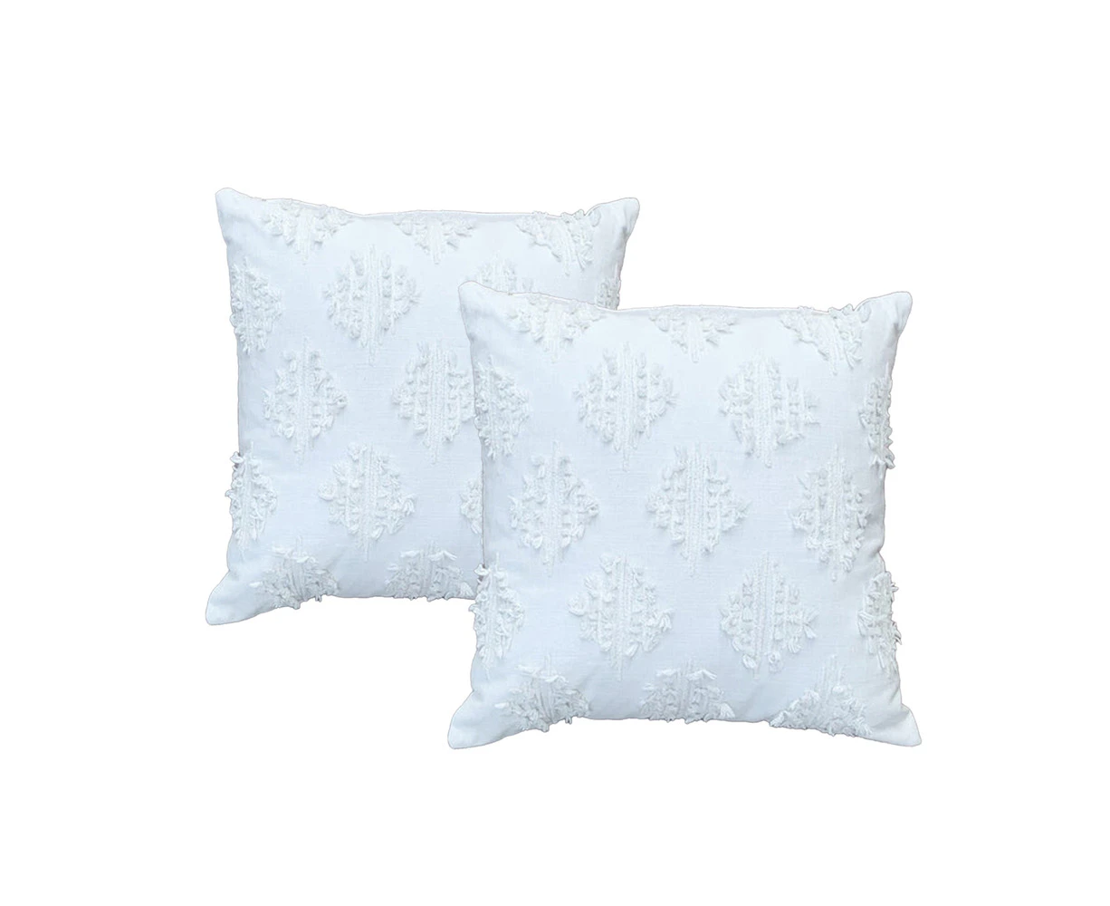 Cloud Linen Cotton Chenille Embroidered Cushion 45 x 45 Cms Olena White -Twin Pack - White