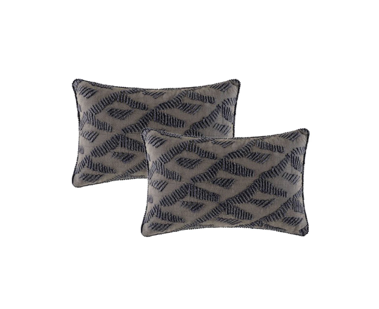 Cloud Linen Cotton Embroidered Cushion 33 x 55 Cms Lulu Grey -Twin Pack - Grey