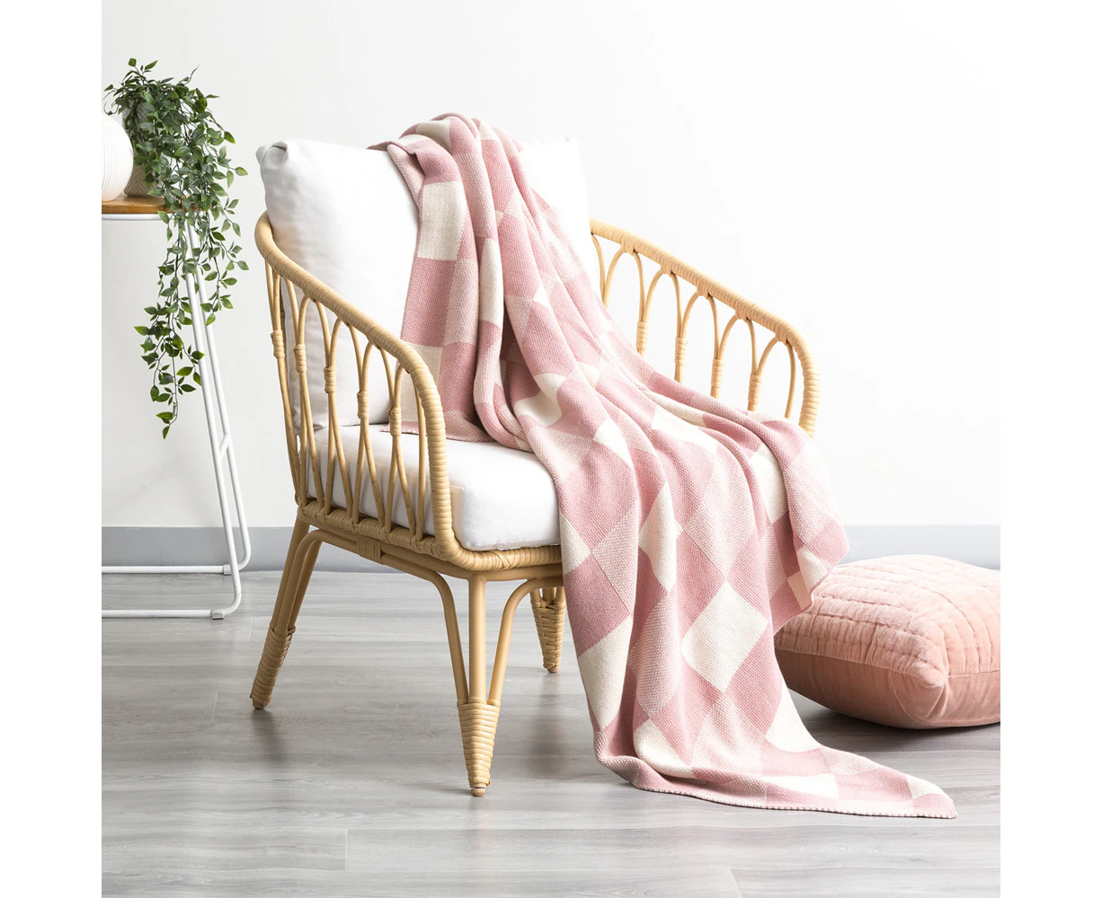 Renee Taylor Newport Checkered Cotton 130x170cm Knitted Throw Blanket Blush