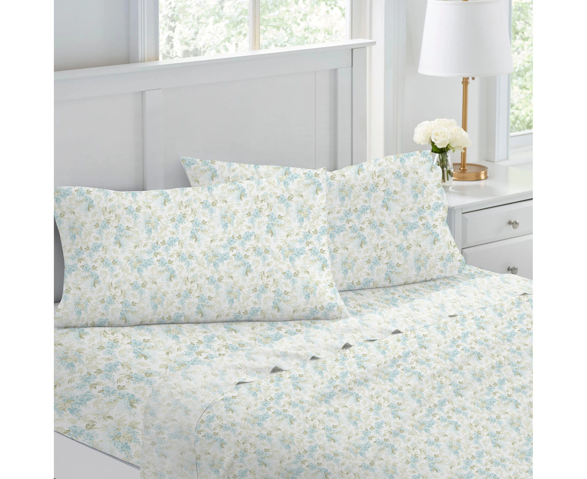 Laura Ashley Rena Printed King Bed Sheet Set w/ 2x Pillowcase Home Bedding Teal