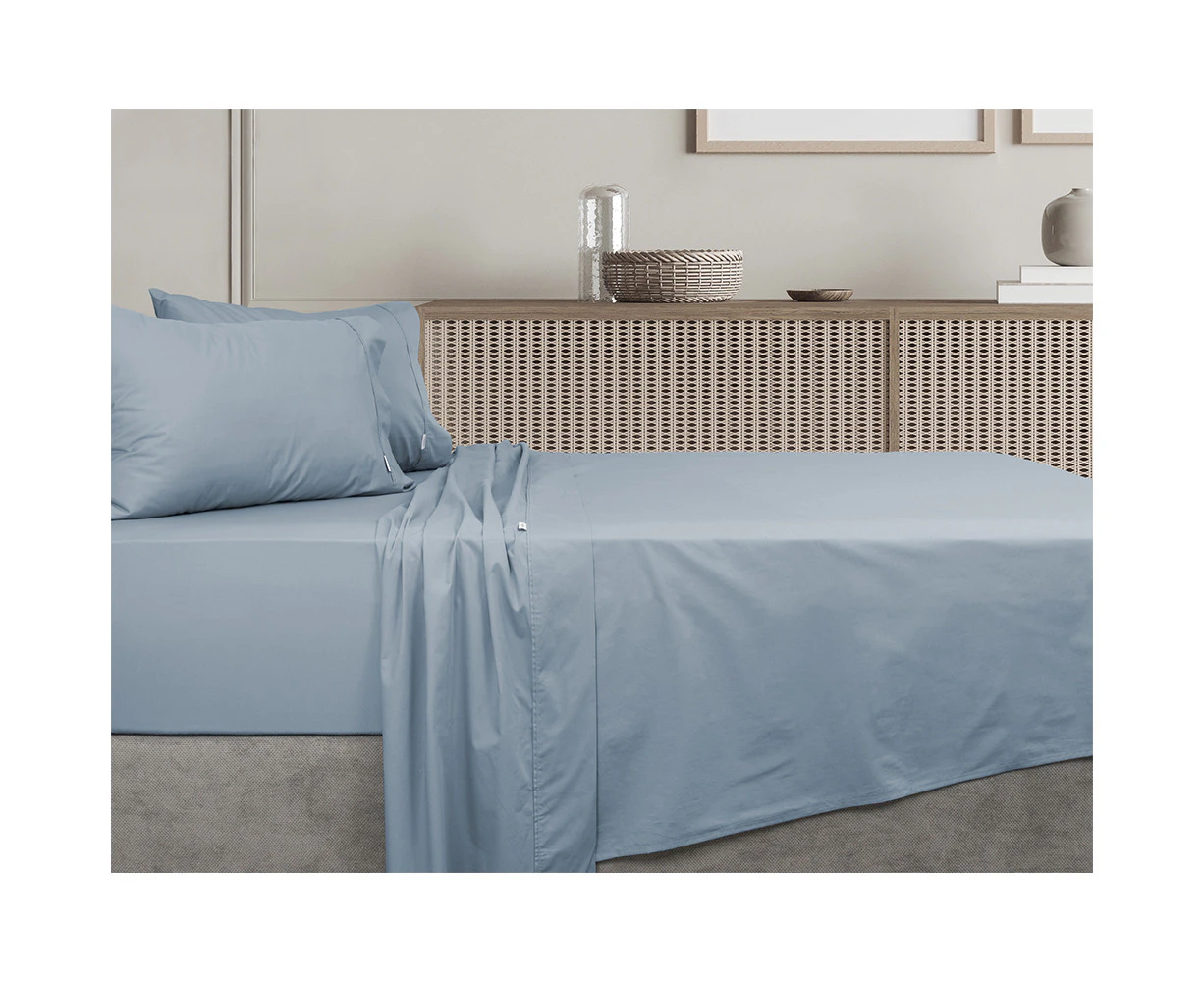 Algodon Single Bed Fitted/Flat Sheet Set w/Pillowcase 300TC Cotton Faded Denim