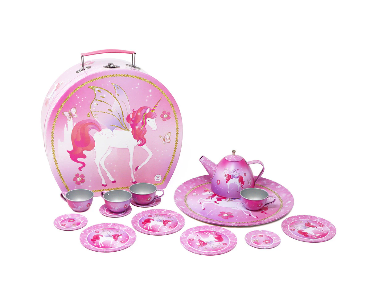 15pc Pink Poppy Unicorn Princess Tin Tea Set In Carry Case Kids/Children Toy 3y+