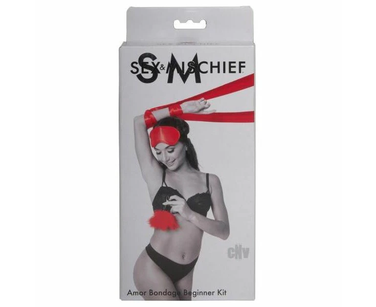 S&m Amor Bondage Beginner Kit Red Satin Restraints, Feather Nipple Clamps, And Blindfold For Sensual Exploration