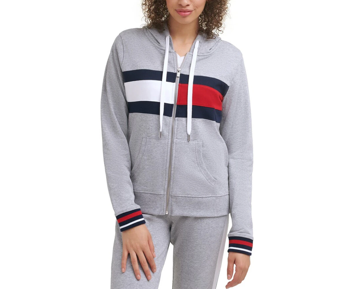 Tommy Hilfiger Women's Zip Front Hoodie Flag Colour Block & Stripe Grey