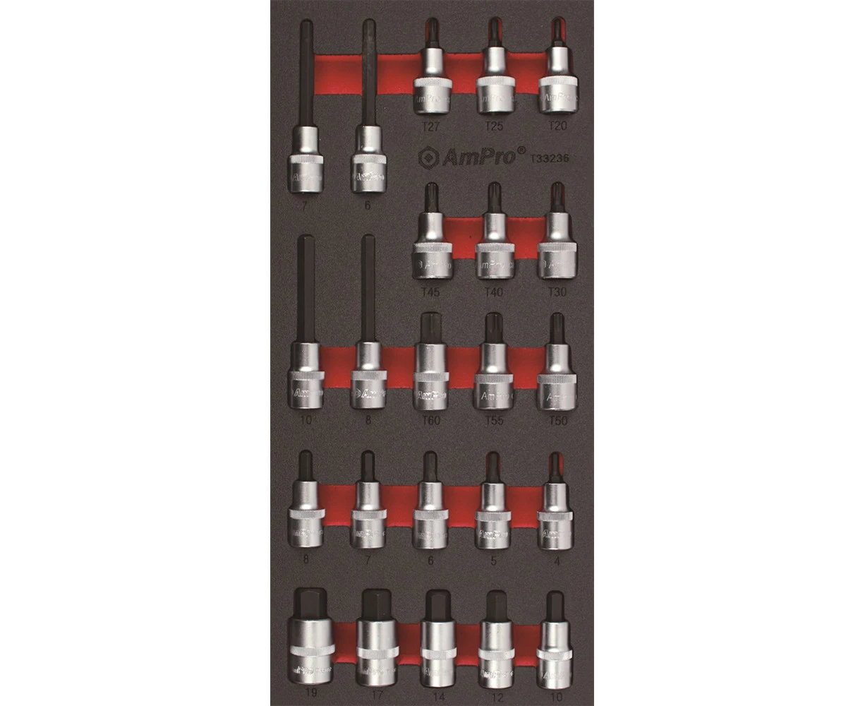 23pc Ampro Heavy Duty Cared 1/2 Hex & Star Bit Tool Socket Nut Set TS43236