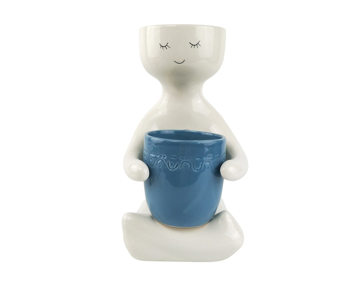 Urban 30cm Ceramic Planter Garden Plant Decor Person Holding a Pot Large Blue