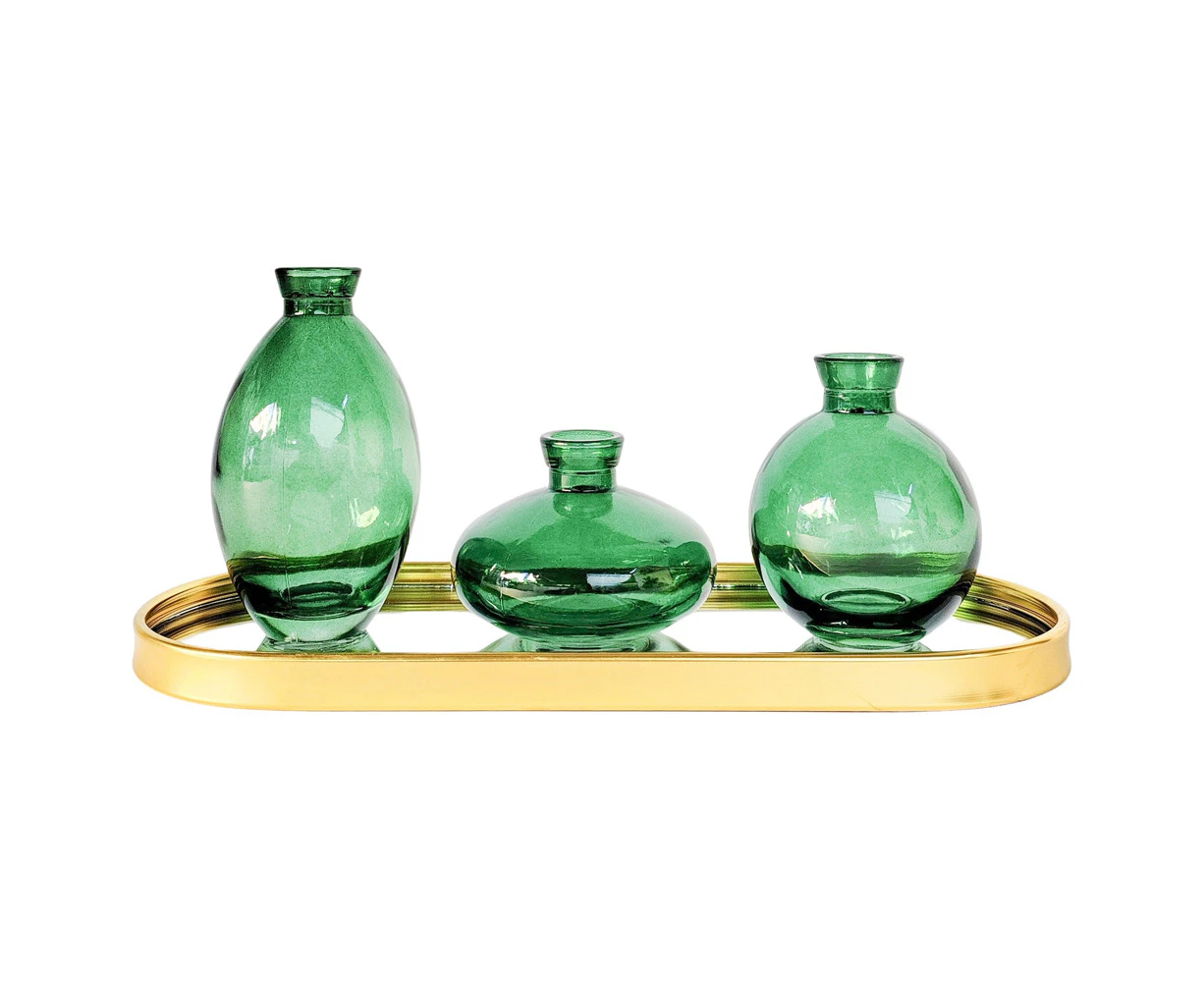 3pc Urban Products Kinkora Home Decor Glass Display Vases with Tray Green