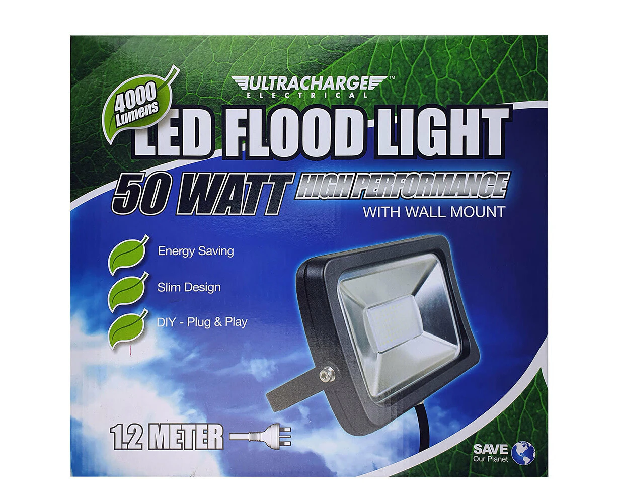 Ultracharge 50W LED Floodlight Cool White Wall Mounted Outdoor Flood Light BLK