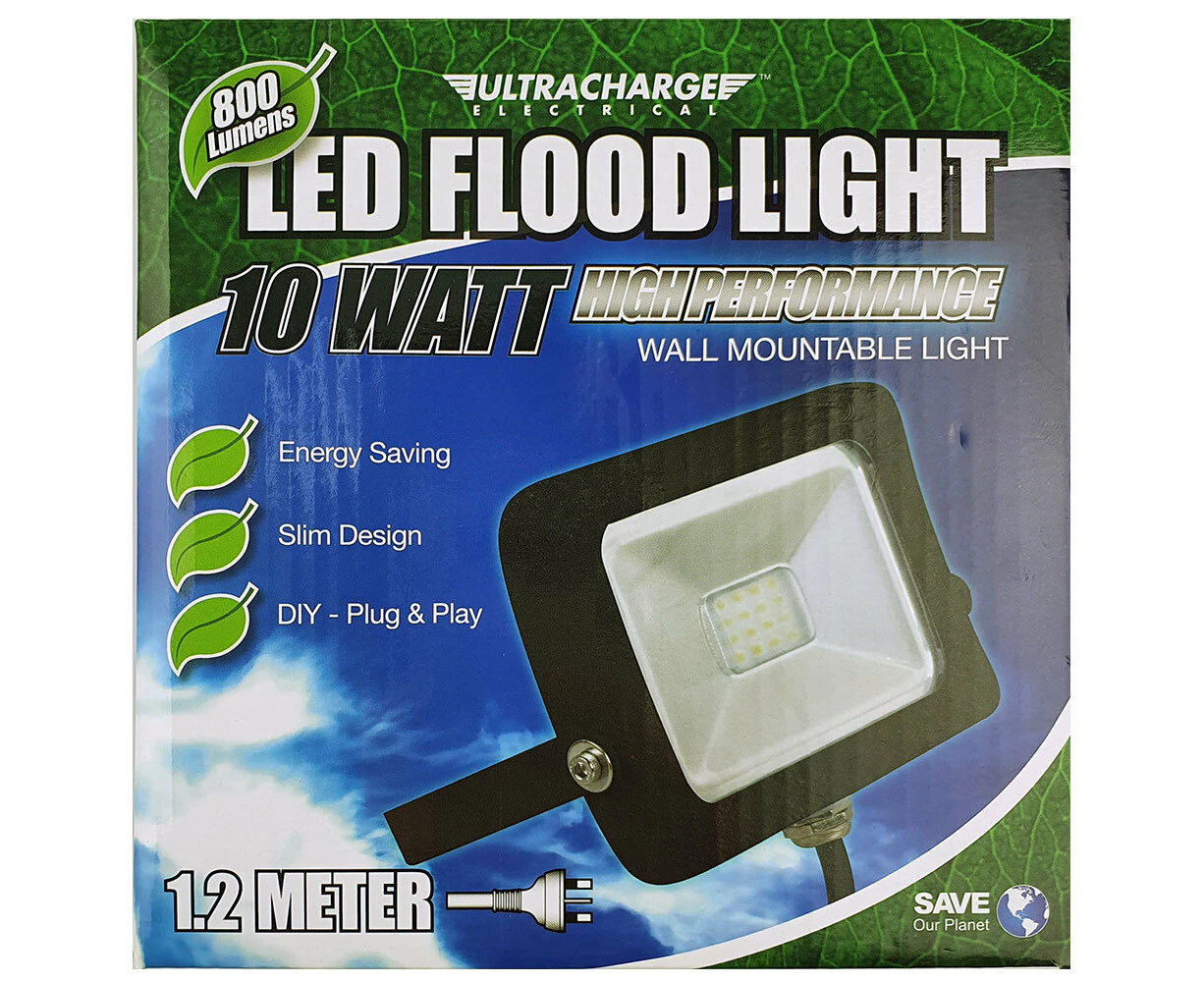 Ultracharge 10W LED Floodlight Cool White Wall Mounted Outdoor Flood Light BLK