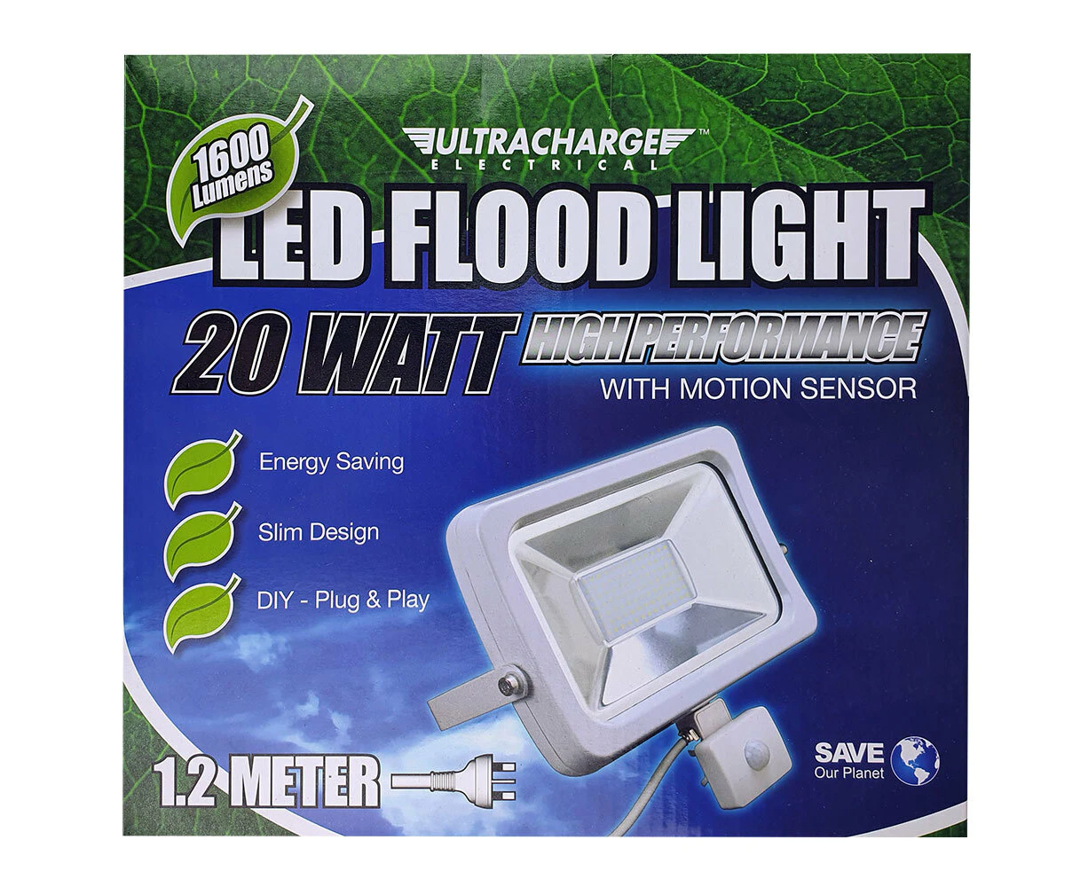 Ultracharge 22.3cm LED 20W Sensor Floodlight Outdoor Flood Light w/ Mount White