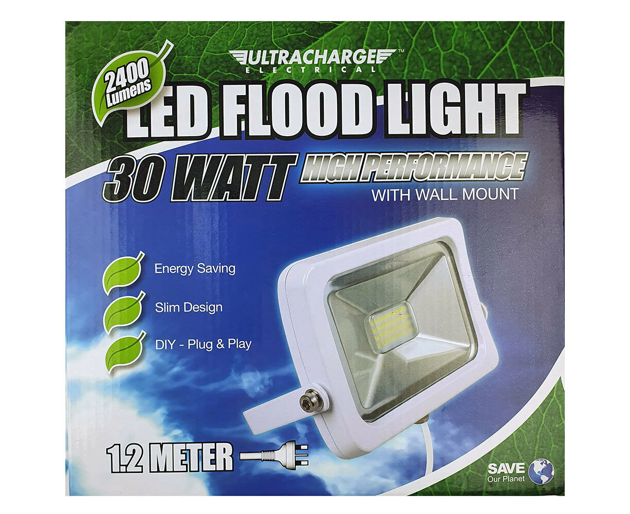 Ultracharge 30W LED Floodlight Cool White Wall Mounted Outdoor Flood Light WHT