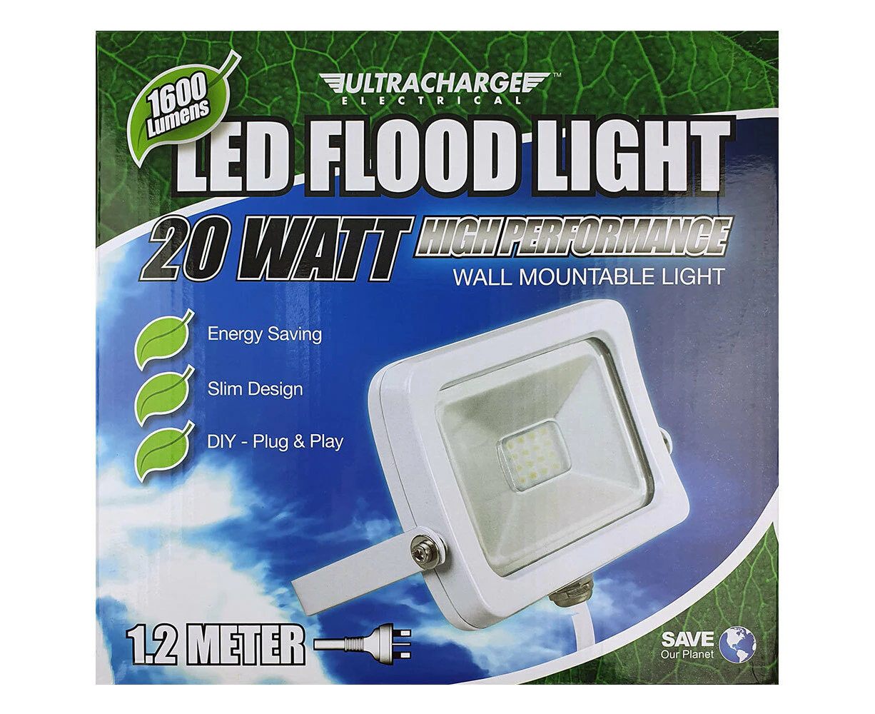 Ultracharge 20W LED Floodlight Cool White Wall Mounted Outdoor Flood Light WHT