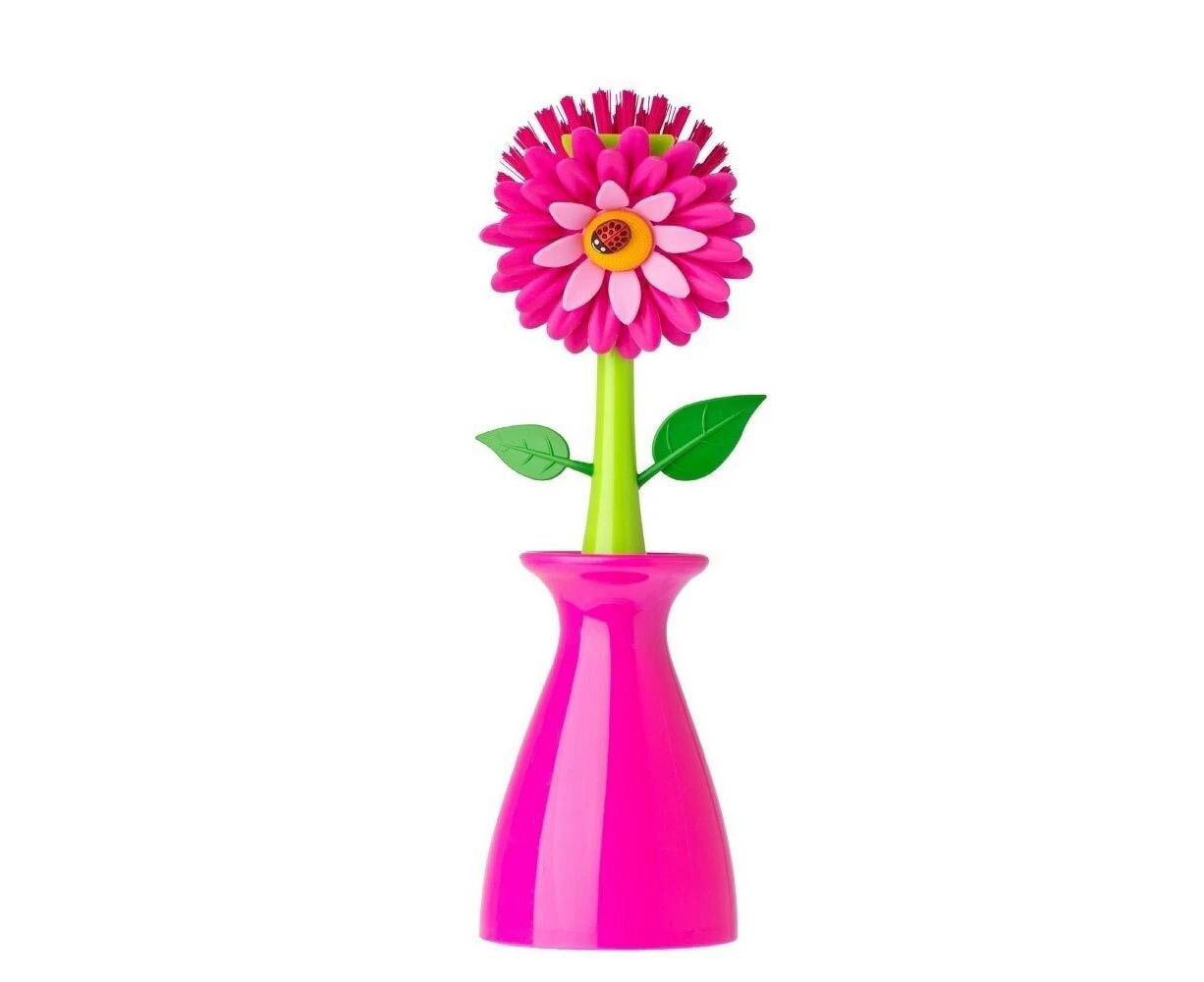 Vigar Flower Power Dish Brush Kitchen Plate/Bowl Cleaner Scrubber w/ Vase Pink