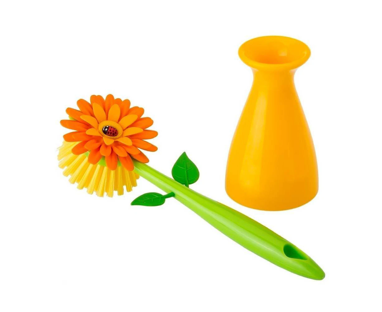 Vigar Flower Power Dish Brush Kitchen Plate/Bowl Cleaner Scrubber w/ Vase Orange