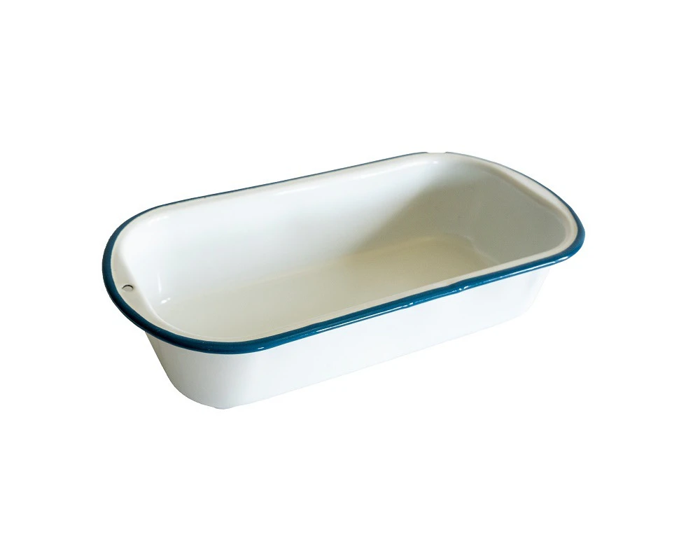 Urban Style Enamelware 1.6L Loaf Tin Baking Tray Serving Dish w/ Blue Rim White