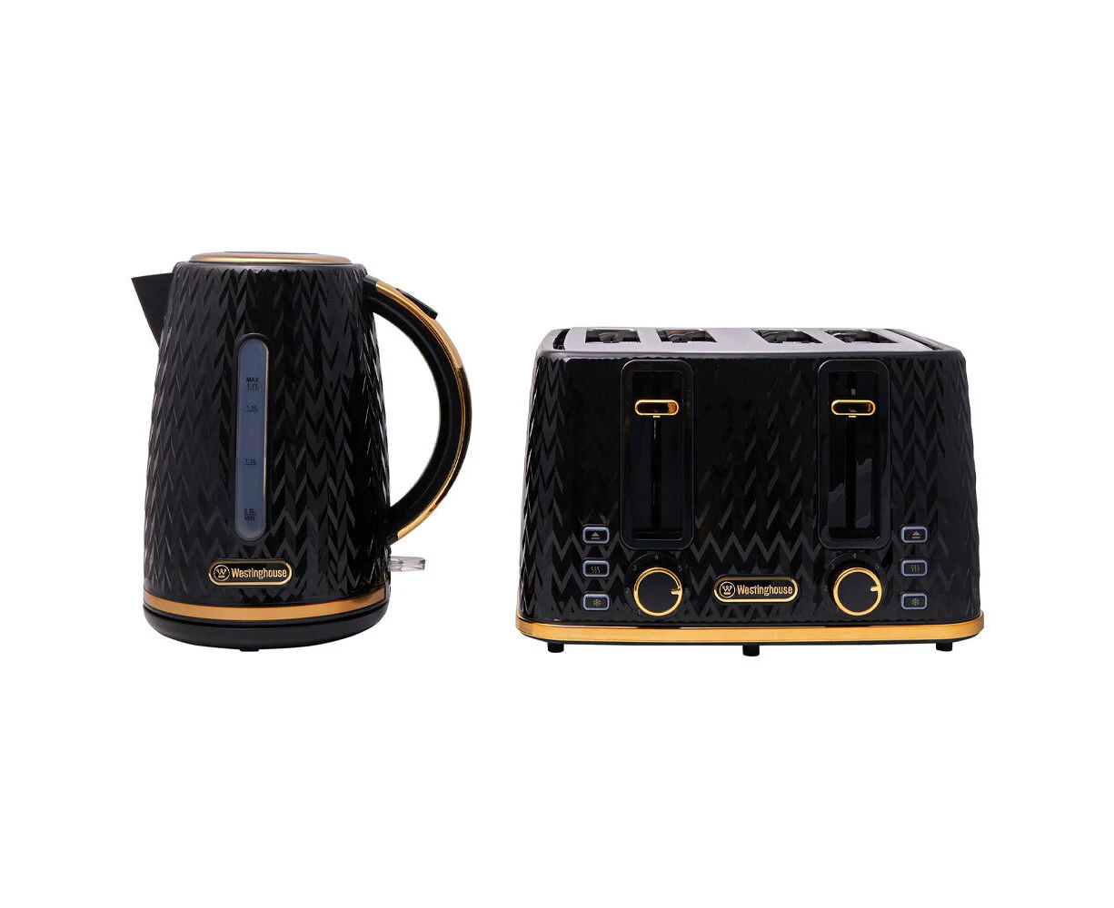 Westinghouse 1.7L Kettle & 4 Slice Toaster Pack Black/Gold Zig Zag Pattern