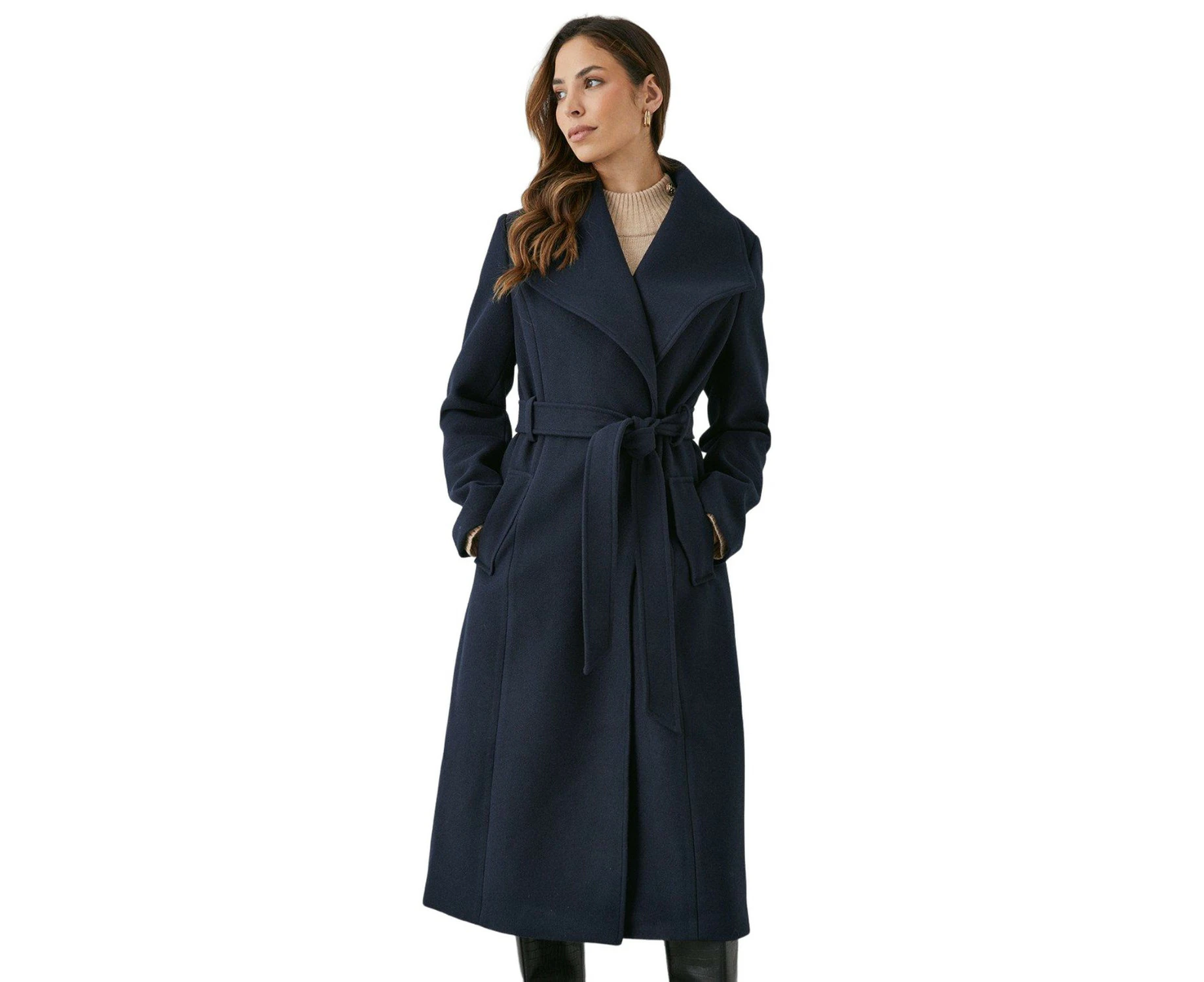 Principles Womens Belted Wrap Longline Coat (Navy) - DH6494