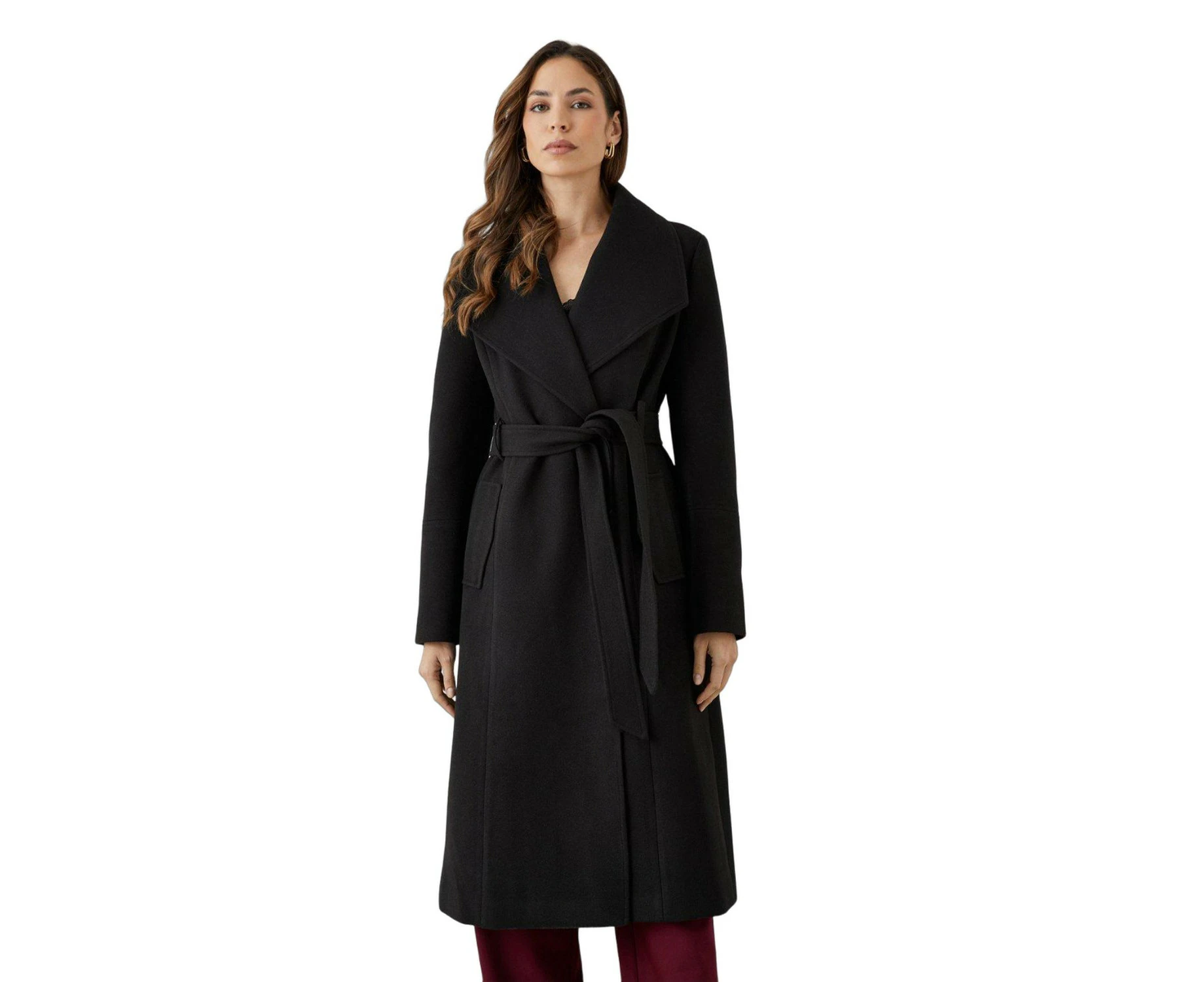 Principles Womens Belted Wrap Longline Coat (Black) - DH6494