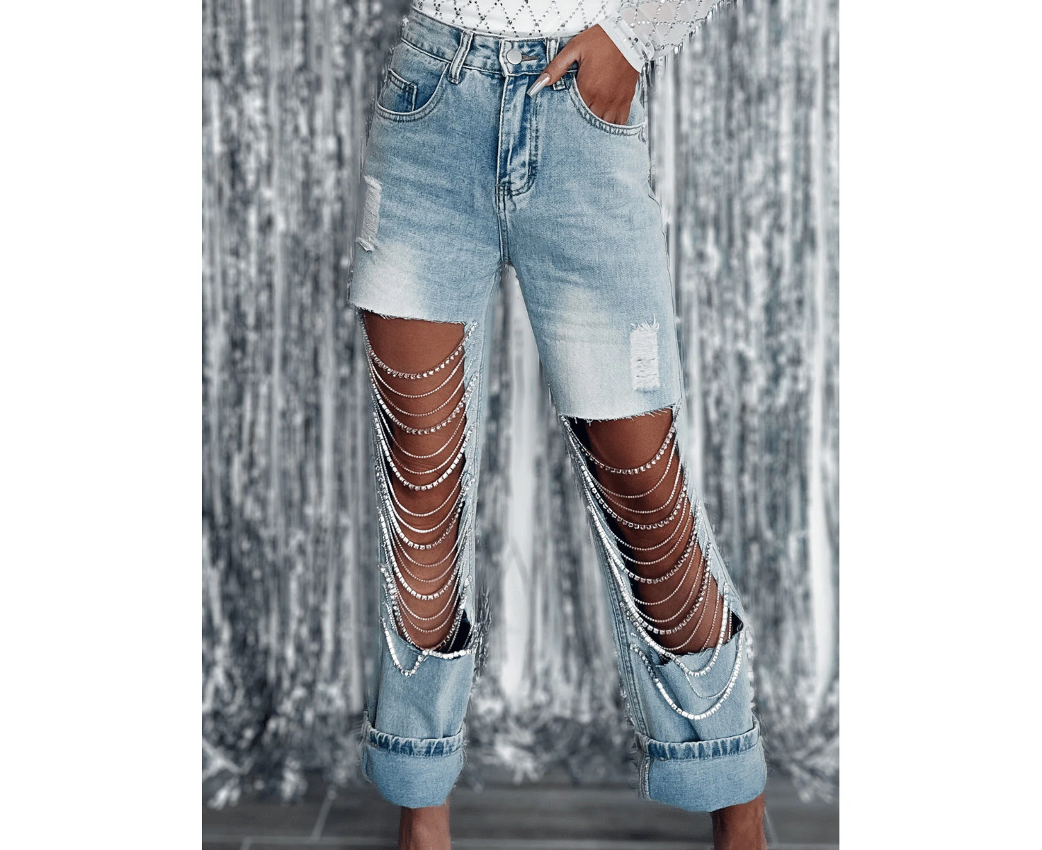 MONROE HIGH RISE RHINESTONE CHAIN STRAIGHT JEANS - Washed Blue