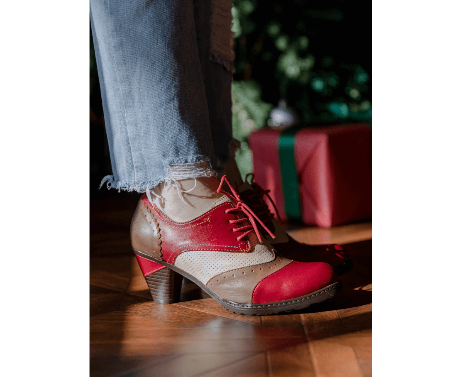 SOFFIA | COLOR BLOCK BLOCK HEEL LEATHER OXFORD - RED