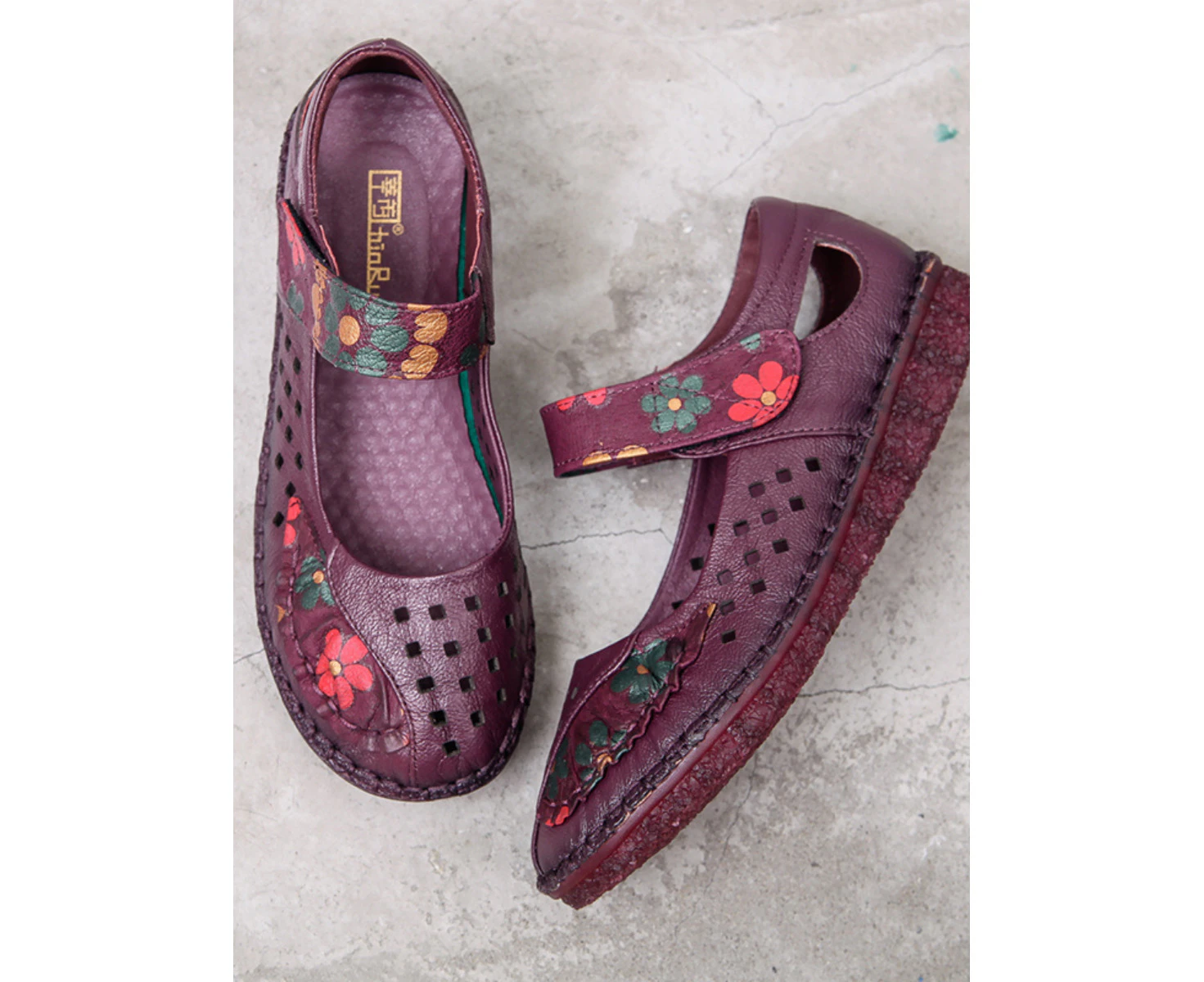 Rumour Has It | Perforated Flower Printed Leather Mary Jane Flats- Purple