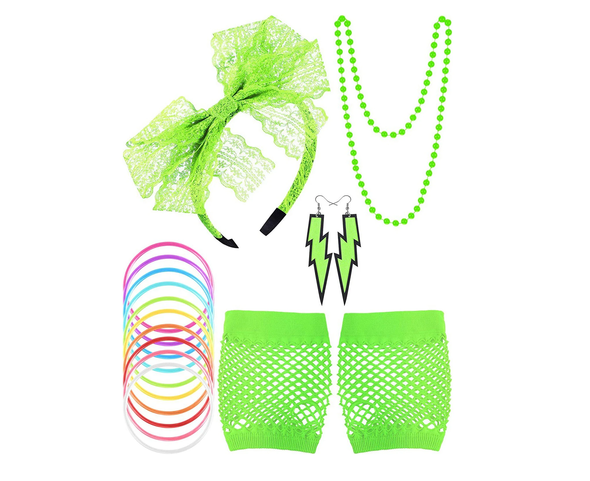 5PC 80s Costume Party Accessories Leg Warmers Necklace Earrings Gloves Hen Fancy Dress  - Green