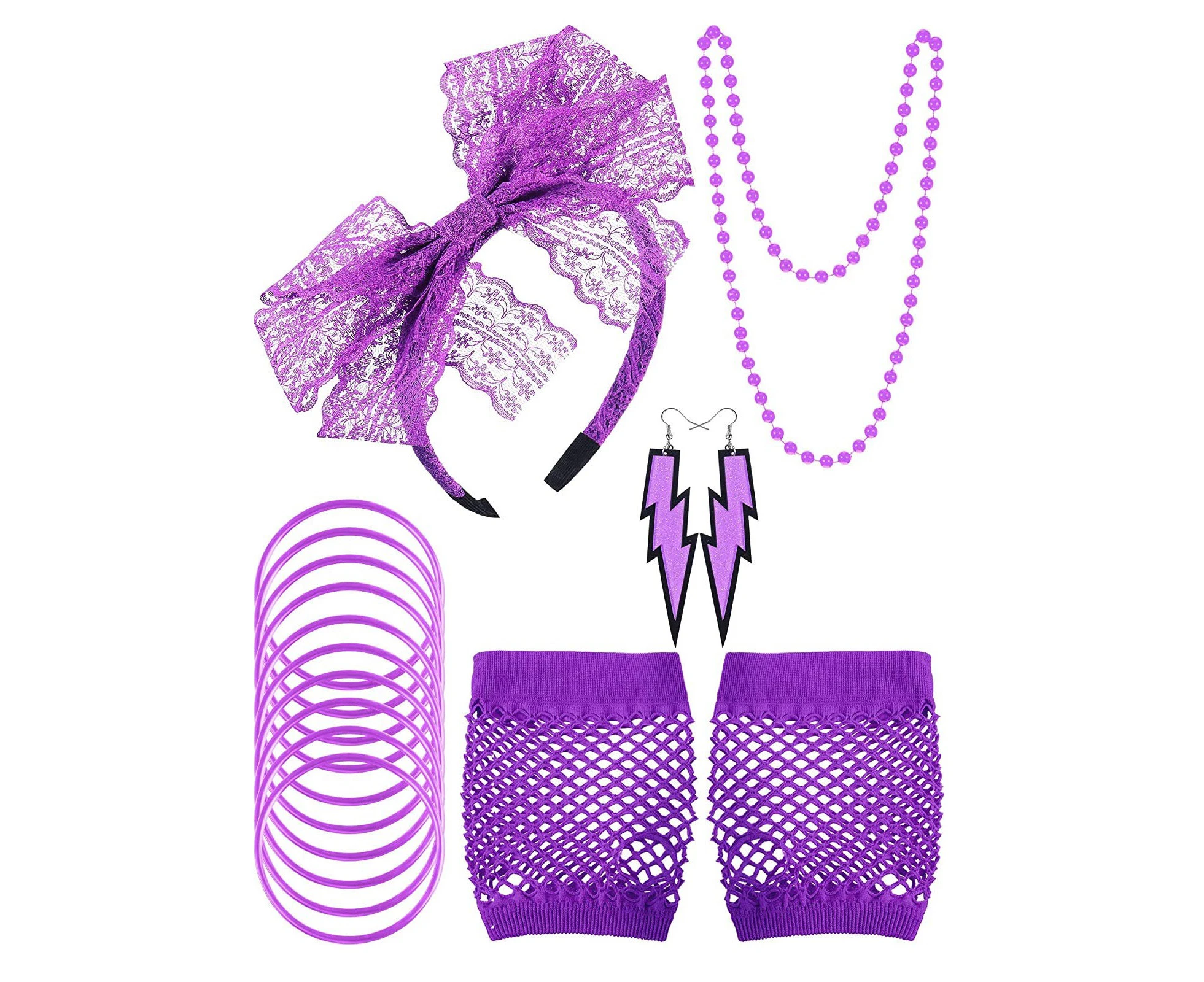 5PC 80s Costume Party Accessories Leg Warmers Necklace Earrings Gloves Hen Fancy Dress  - Purple