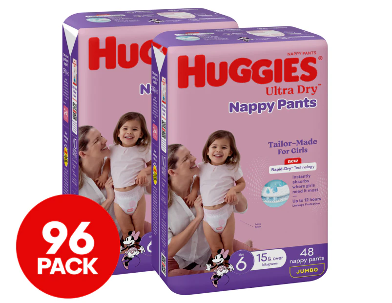 Huggies Ultra Dry Nappy Pants for Girls Size 6 15kg+ 96pk