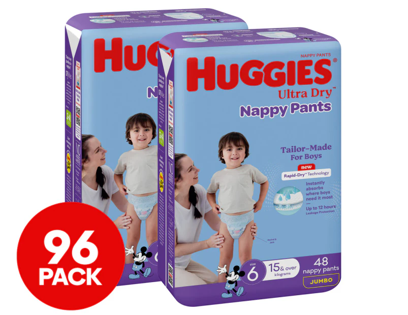 Huggies Ultra Dry Nappy Pants for Boys Size 6 15kg+ 96pk