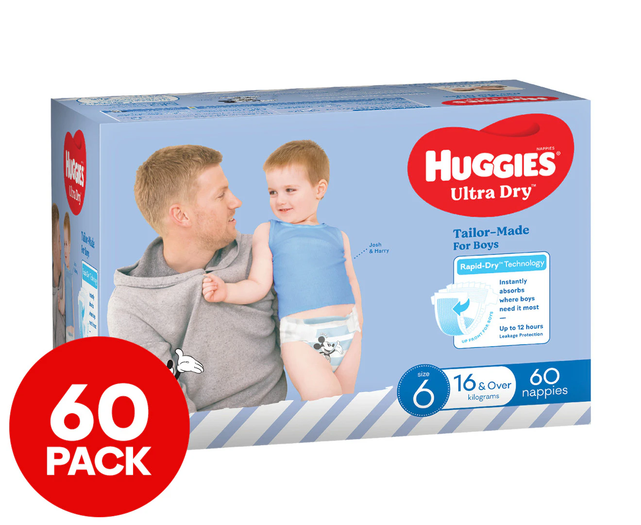 Huggies Ultra Dry Nappies for Boys Size 6 16kg+ 60pk