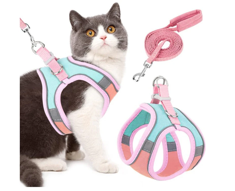 Cat Harness Leash Set Pet Vest Kitten Night Safe Reflective Strap-Pink S