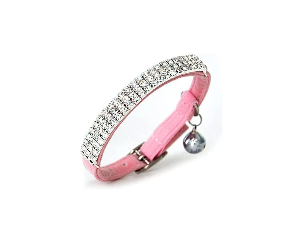 Pet Cat Collar Soft Velvet Adjustable Kitten Collar Diamante with Bell--Pink