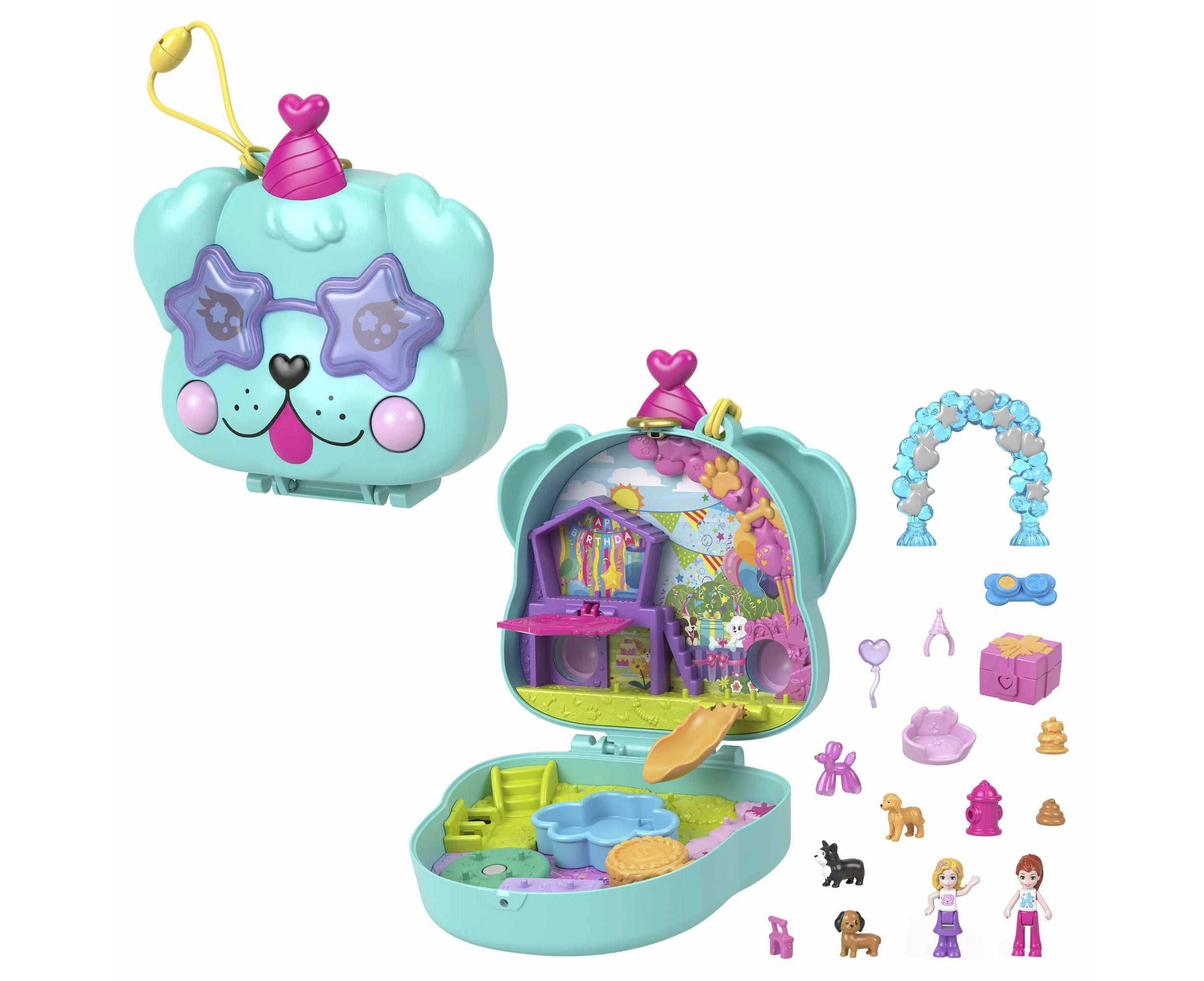 Polly Pocket Mini Toys, Doggy Birthday Bash Compact Playset With 2 Micro Dolls And 14 Accessories, Pocket World Travel Toys With Surprise Reveals