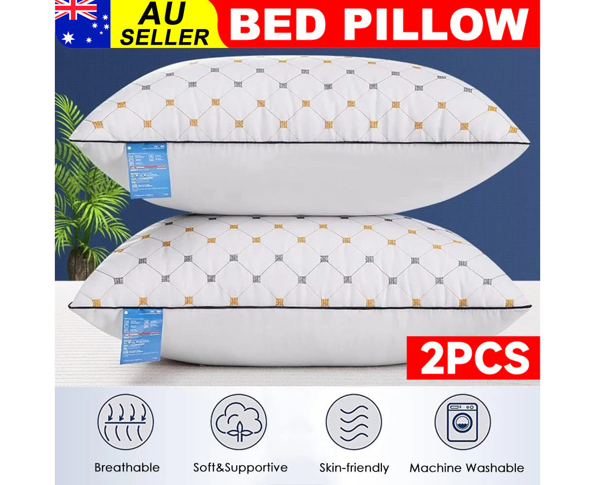 2x Hotel Quality Pillows Checked Ultra Soft Home Bed Pillow Luxury Comfortable