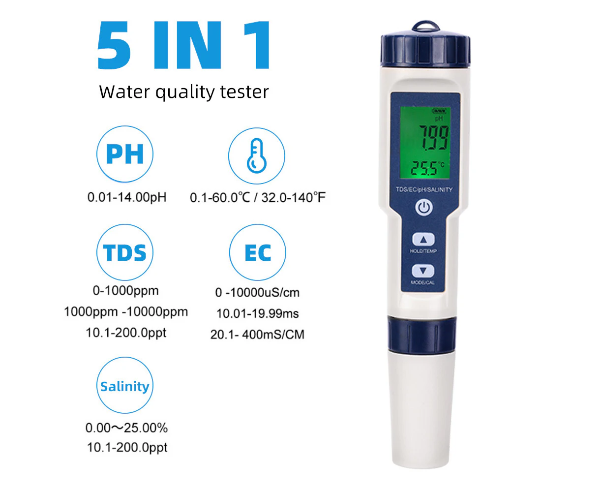 5 IN 1 PH Meter TDS/EC/Salinity/Temperature Hydroponics Tester Pen Pool Testing Kit AU