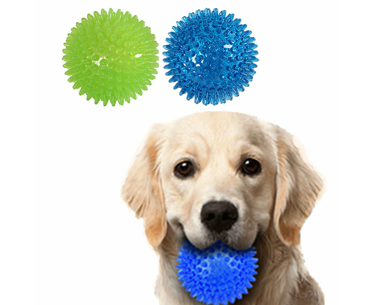 Set of 2 Pcs Pet Dog Squeaky Toys Spiky Dog Balls Cleaning Teeth Chewing Toys -Blue and Green