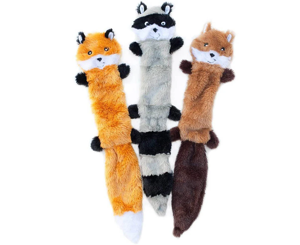 3Pcs No Stuffing Squeak Plush Dog Toy Fox Raccoon Squirrel