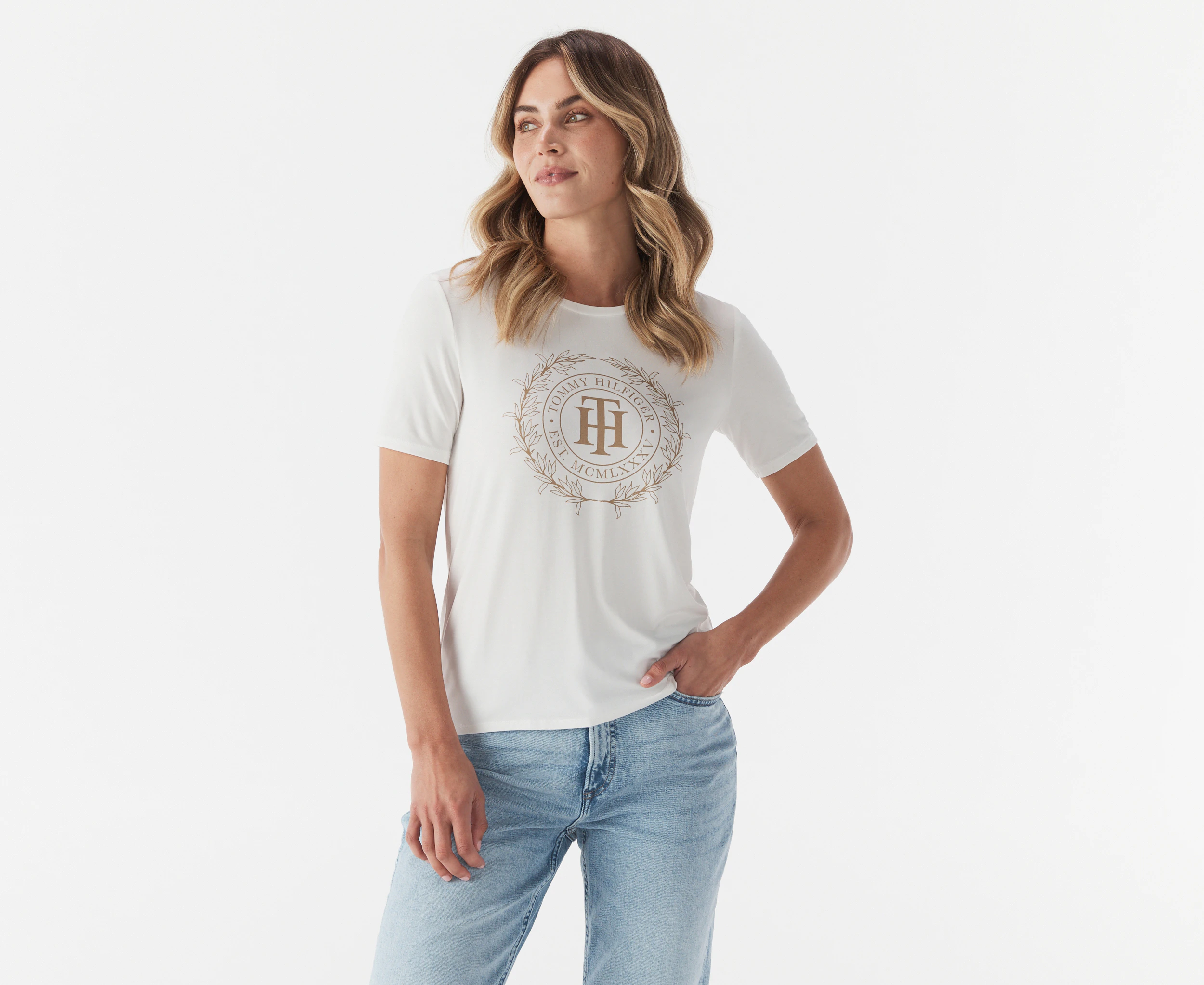 Tommy Hilfiger Women's Crest Logo Open Neck Tee / T-Shirt / Tshirt - Milky Way