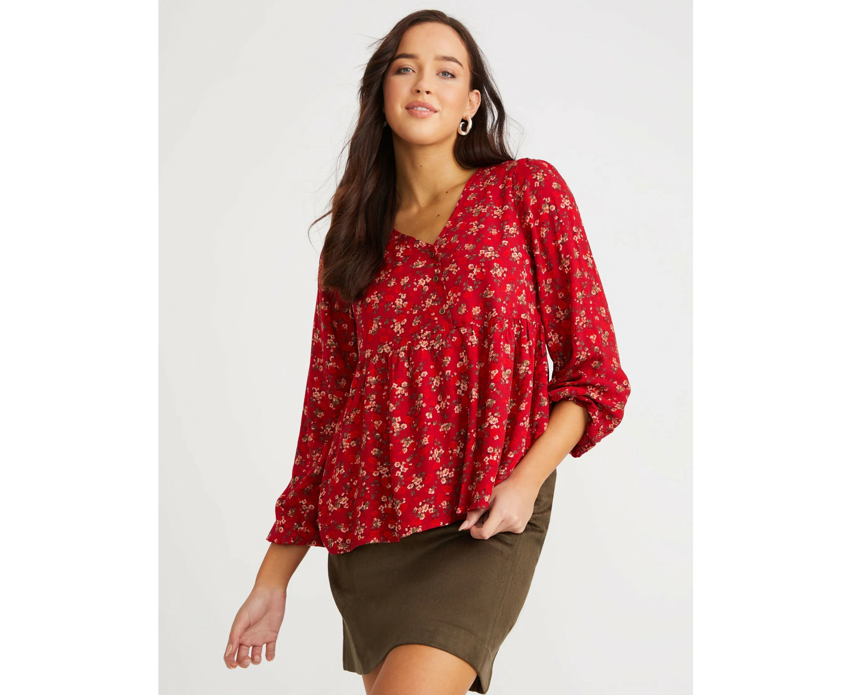 Rockmans - Womens - Tops - Winter - Blouse / Shirt - Red - Long Sleeve - V Neck - Oversized - Length Regular - Floral - Office Wear - Work Clothes