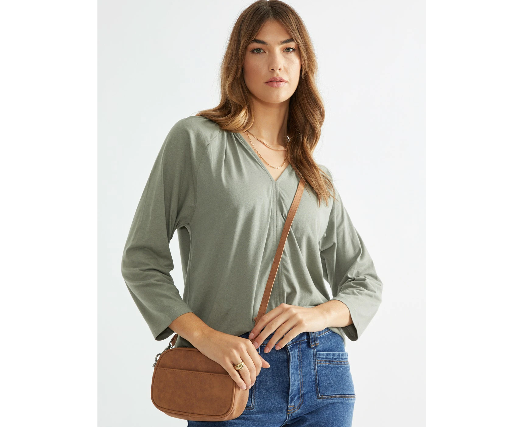 Katies - Womens - Tops - Winter - Basic - Green Cotton - 3/4 Sleeve - Knit - Relaxed Fit - Length Regular - Khaki - Office Wear - Casual Work Clothes