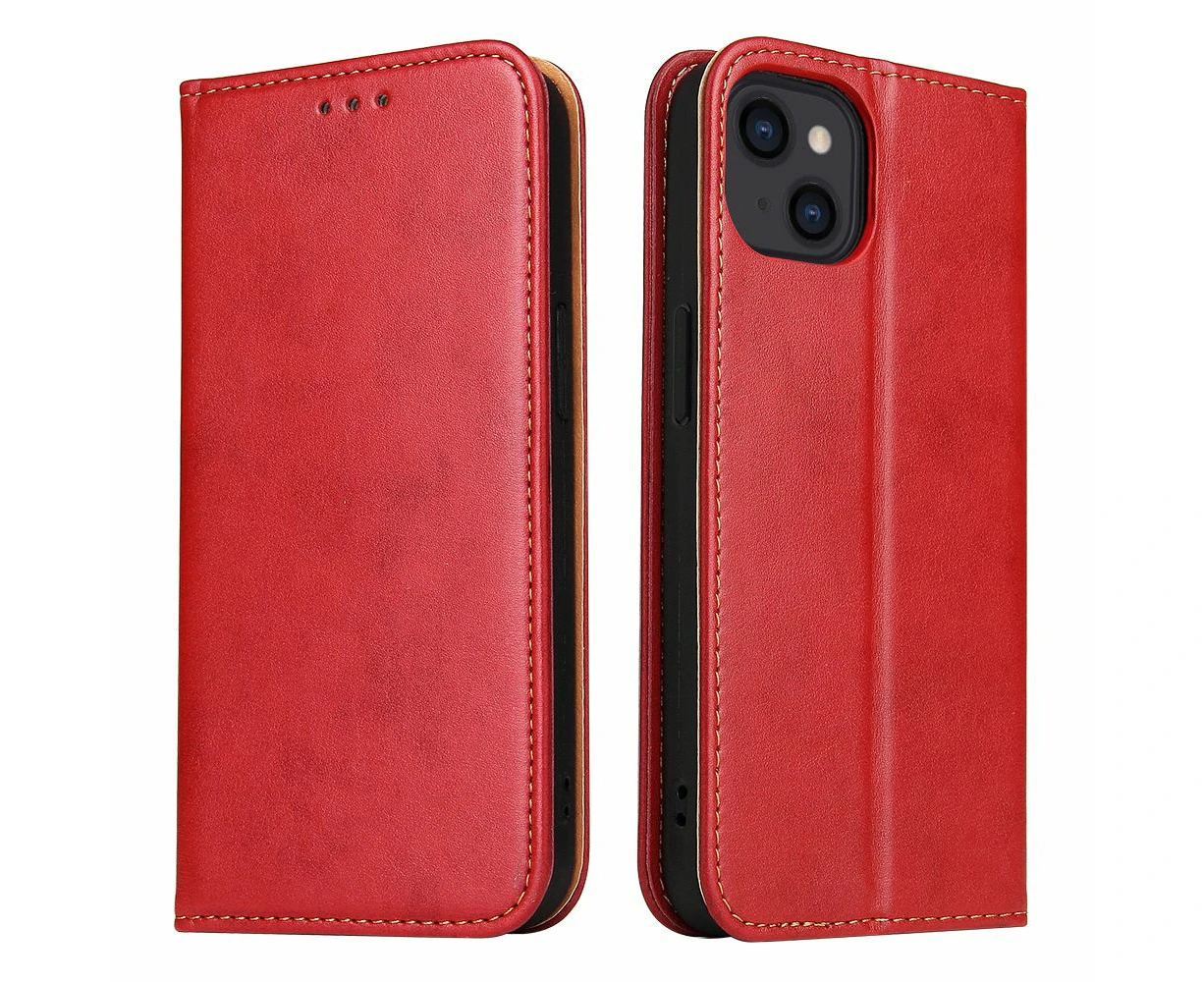 For iPhone 14 Case Leather Flip Wallet Folio Cover with Stand Red