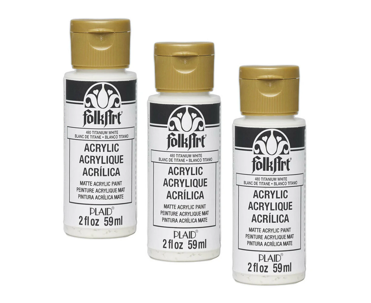 3x Plaid FolkArt Premium 59ml Titanium White Craft Acrylic Paint Matt Finish